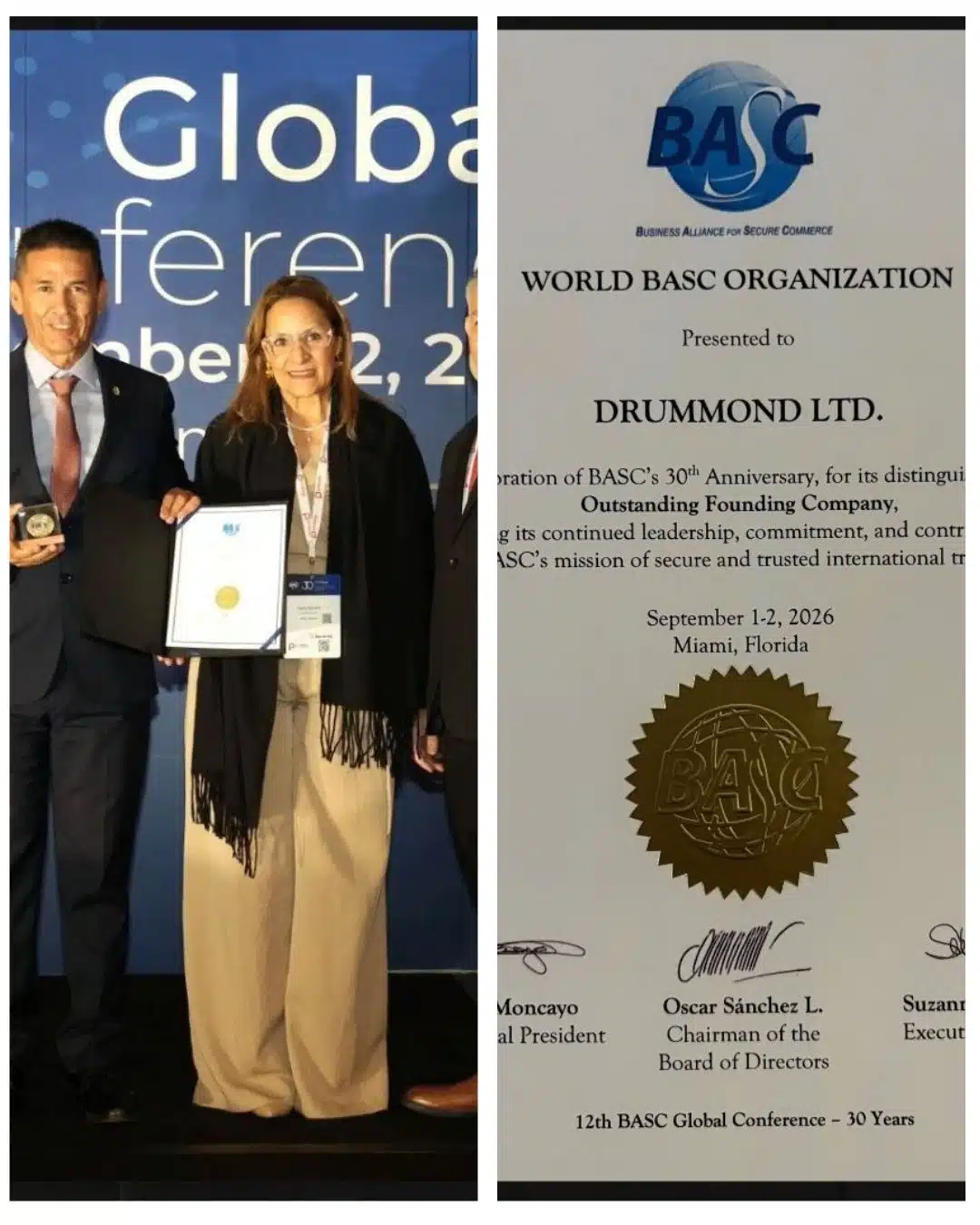 Drummond recibe reconocimiento internacional en el 12º Congreso Mundial BASC 2026
